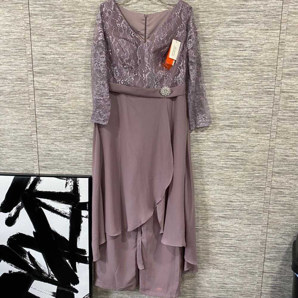 Elegant Mauve High-Low Lace Evening pantsuit W/ 3/4 Sleeves Embellished Waist NW